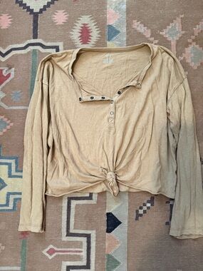 Casual Tie-Front Long Sleeve Top - Beige